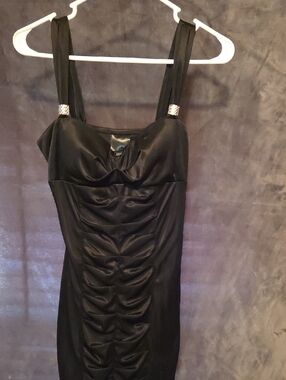 Black Ruched Satin Evening Dress with Embellished Straps